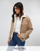 Asos Tall Cord Jacket With Fleece Collar In Stone - Stone