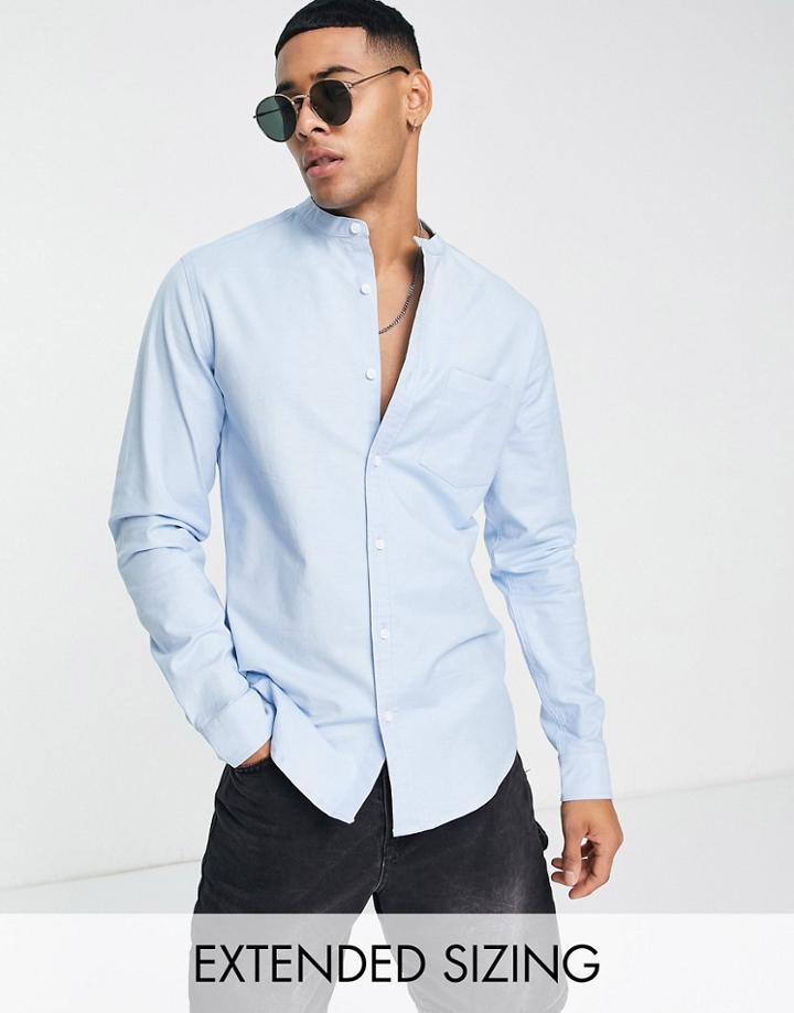 Asos Design Slim Fit Oxford Shirt With Grandad Collar In Light Blue