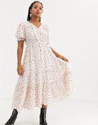 Sister Jane Midi Tea Dress With Faux Pearl Buttons And Ruffles In Ditsy Heart Print-white