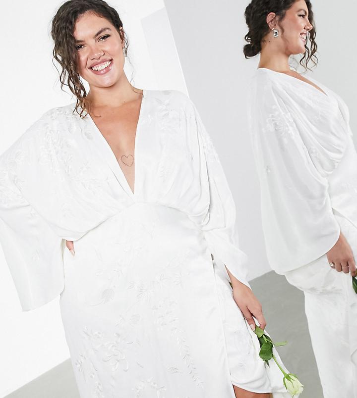 Asos Edition Curve Embroidered Satin Kimono Wedding Dress-white