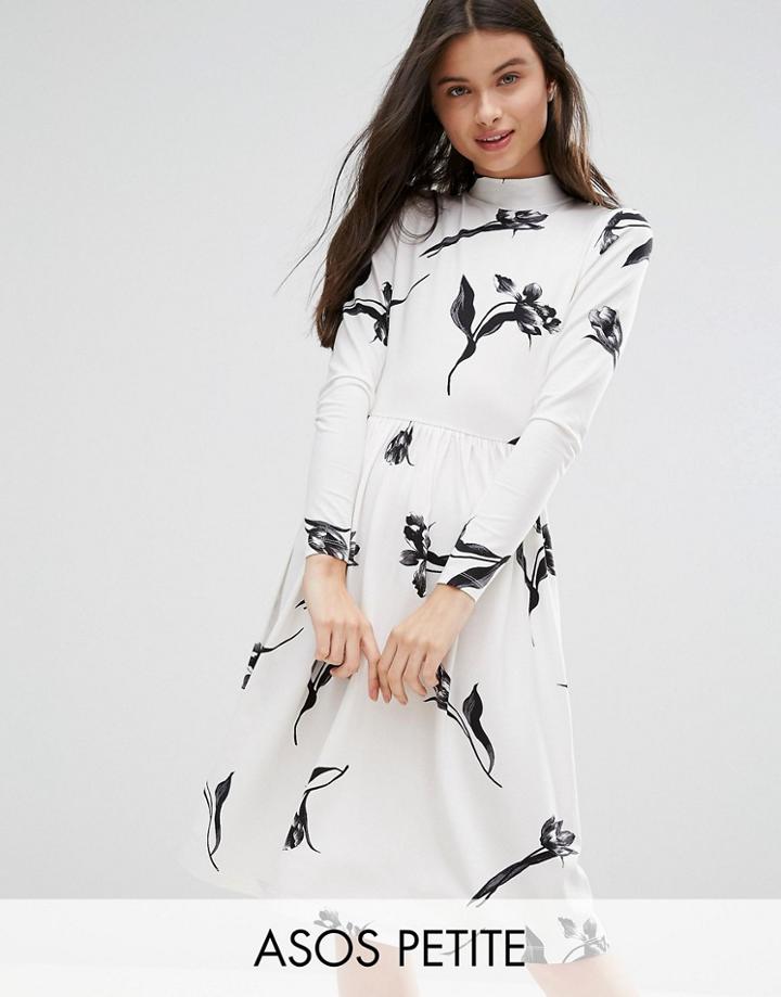 Asos Petite Midi Dress With High Neck In Cream Floral - Multi