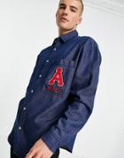 Asos Design 90s Oversized Shirt With All Over Print And Embroidery Patch In Denim-blues