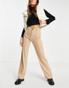 Pull & Bear High Waist Tailored Straight Leg Pants With Front Seam In Camel-neutral