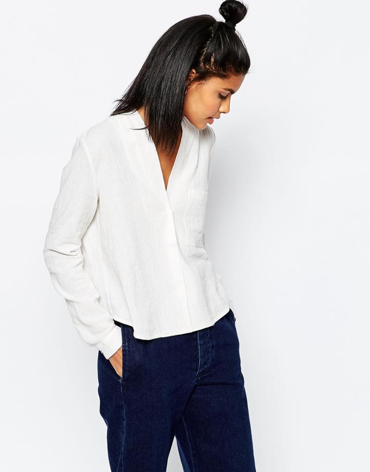 Asos Casual Textured V Neck Blouse - Cream