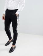 Asos Edition Super Skinny Suit Pants In Black With Contract Palm Tree Tuxedo Stripe - Black