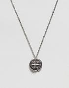 Asos Design Necklace In Burnished Silver With Compass Coin - Silver