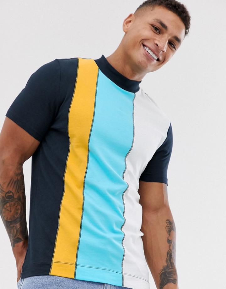 Asos Design Organic Skinny T-shirt With Vertical Color Block And Turtleneck - Multi