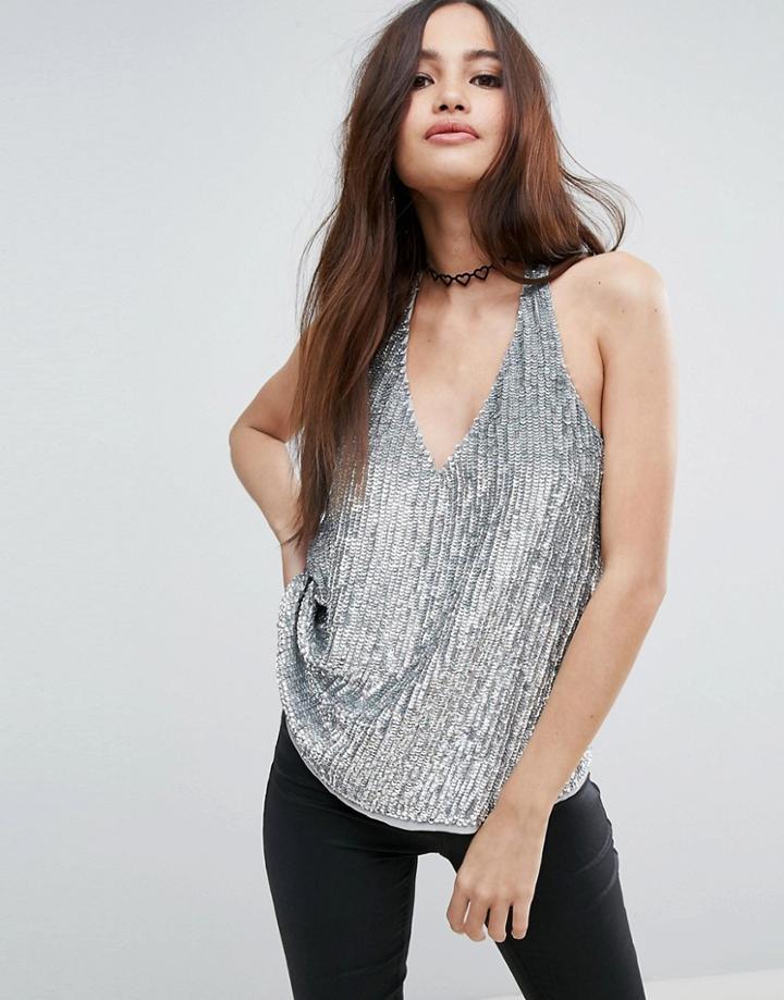 Asos Sequin Plunge Halter Top - Silver