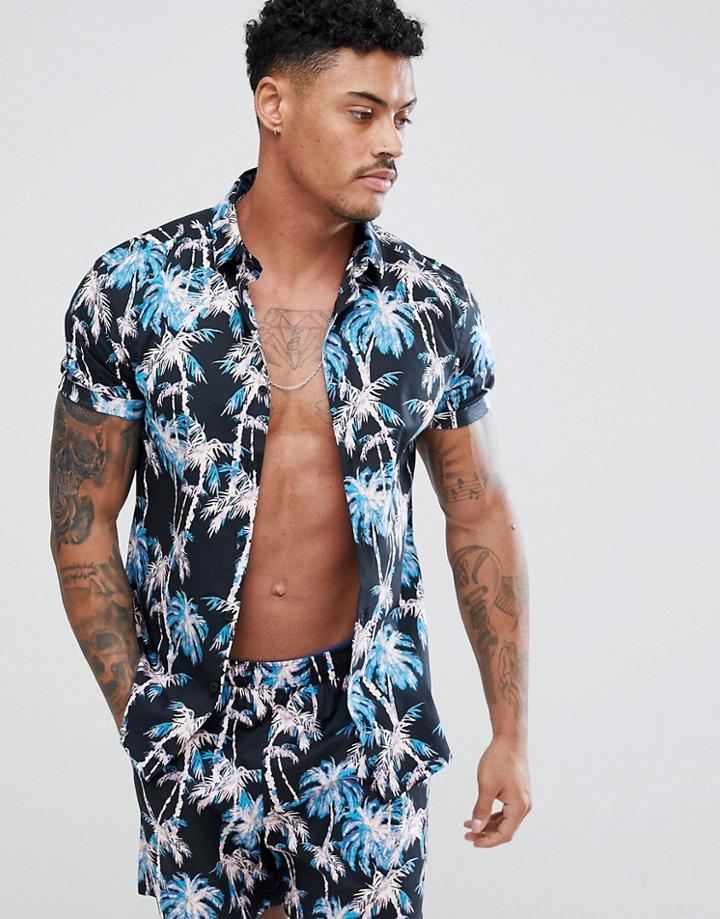 Asos Design Co-ord Skinny Fit Shirt With Palm Print - Black