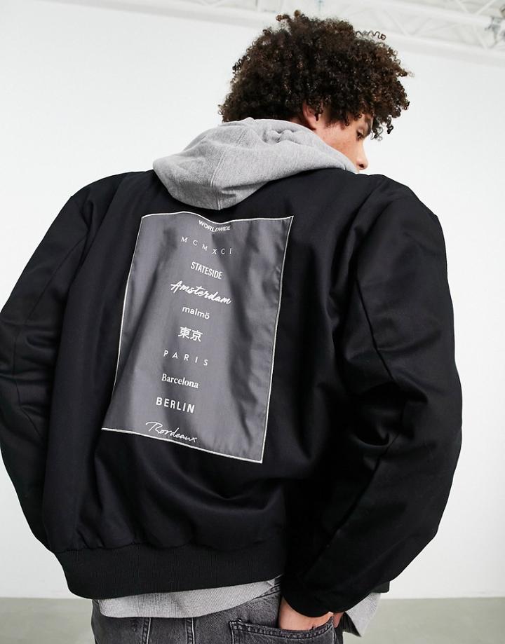 Asos Design Oversized Bomber Jacket In Black With Back Embroidery Detail