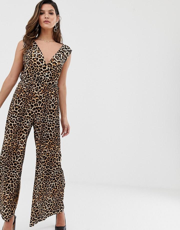 Liquorish Wide Leg Jumpsuit In Leopard Print-multi