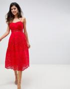 Asos Design Premium Lace Broderie Prom Midi Dress-red