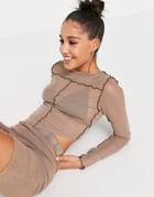 Asos Design Mesh Long Sleeve Top With Scarf Hem And Seam Detail In Brown