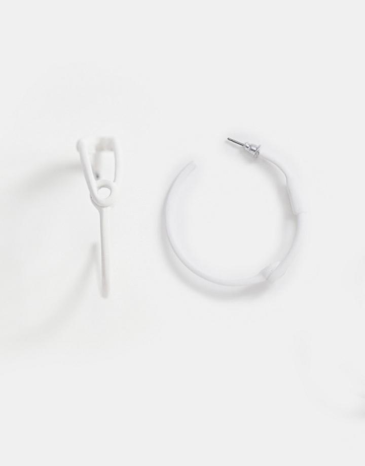 Asos Design Hoop Earrings In Safety Pin Design In Matte White