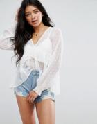 Asos Swing Blouse With V-neck And Ruffle Detail In Dobby - Cream