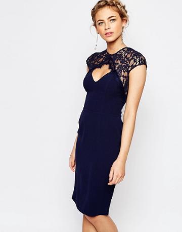 Elise Ryan Lace Midi Pencil Dress - Navy