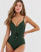 New Look Lace Up Swimsuit In Dark Khaki-green