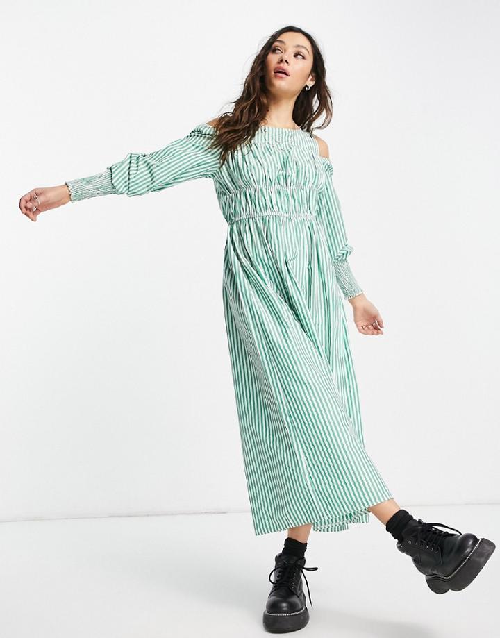 Topshop Recycled Cotton Stripe Poplin Midi Dress In Green