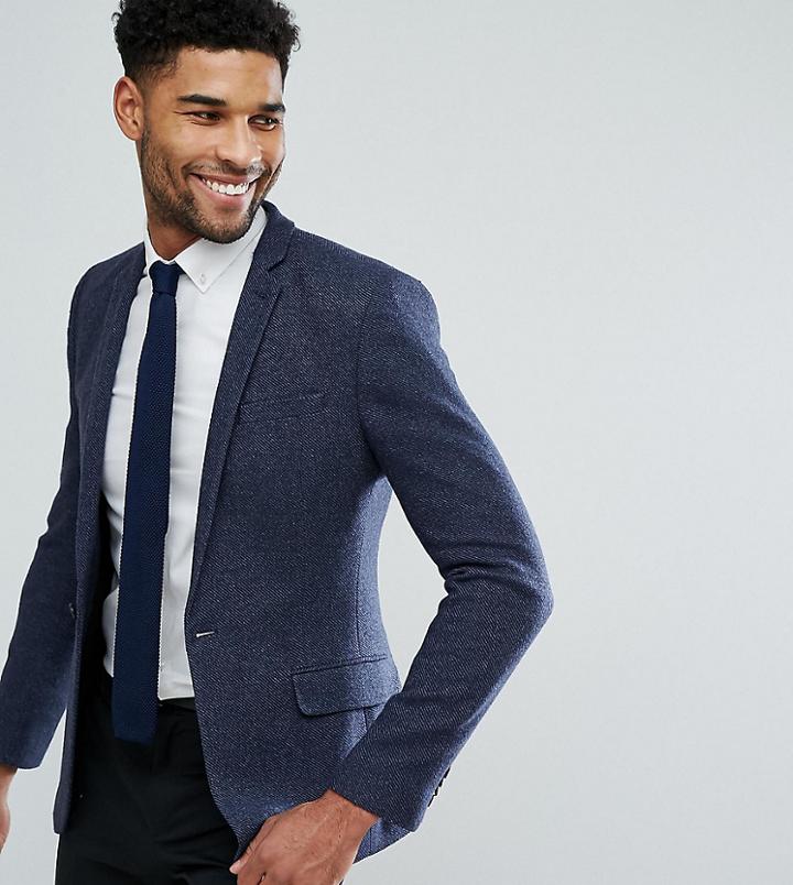 Asos Tall Super Skinny Texture Blazer In Navy Wool Mix - Navy