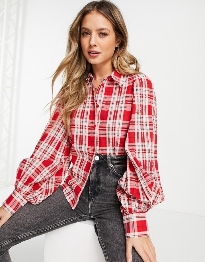 Monki Cotton Seersucker Check Blouse In Red