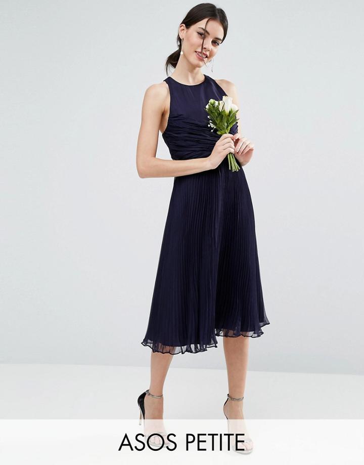 Asos Petite Wedding Pleated Midi Dress With Ruched Detail - Navy