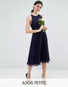 Asos Petite Wedding Pleated Midi Dress With Ruched Detail - Navy