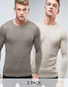 Asos 2 Pack Muscle Fit Sweater In Khaki/beige Save - Multi