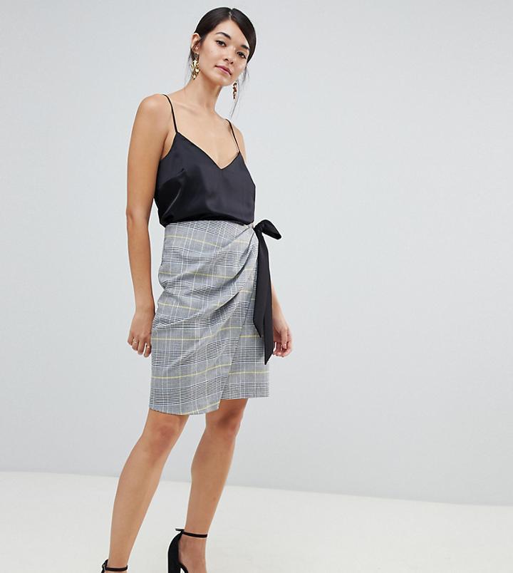 Closet London Asymmetric Wrap Skirt With Tie Detail In Check Print - Multi