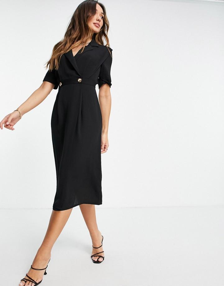 Asos Design Wrap Tux Midi Dress With Shoulder Pads In Black