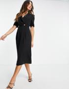 Asos Design Wrap Tux Midi Dress With Shoulder Pads In Black