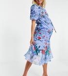 Hope & Ivy Maternity Puff Sleeve Asymmetric Midi Dress In Bright Blue Poppy Print