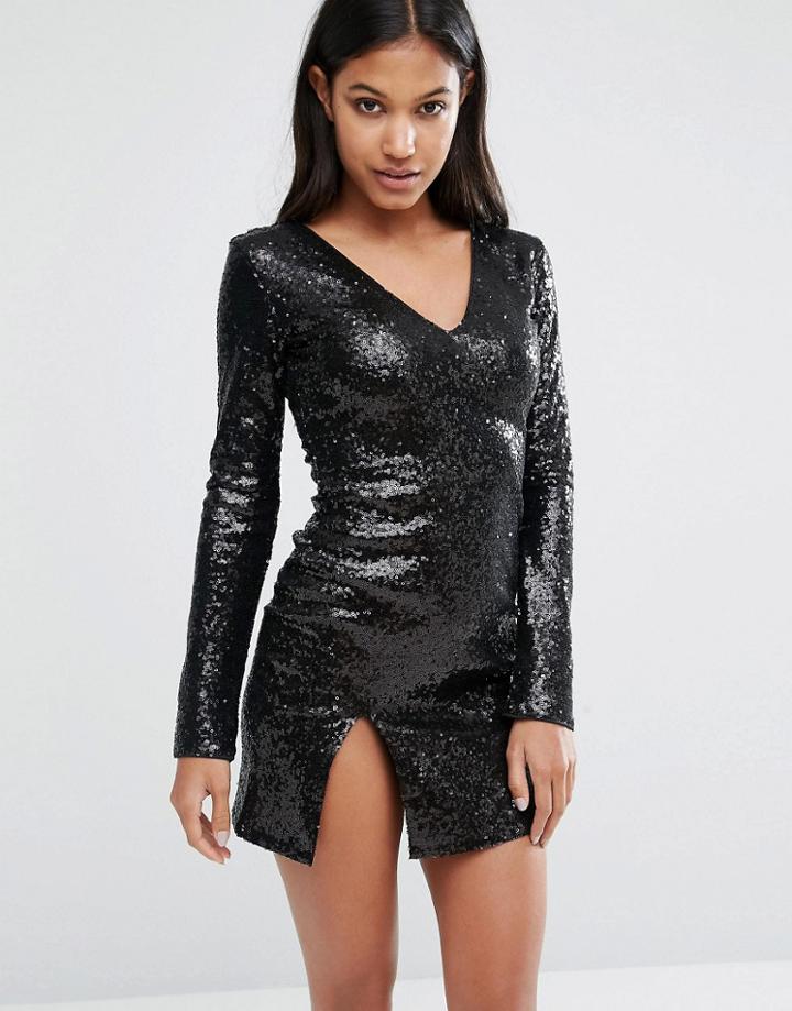 Club L V Front Mini Dress With Longe Sleeve And Split - Black