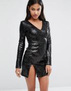Club L V Front Mini Dress With Longe Sleeve And Split - Black