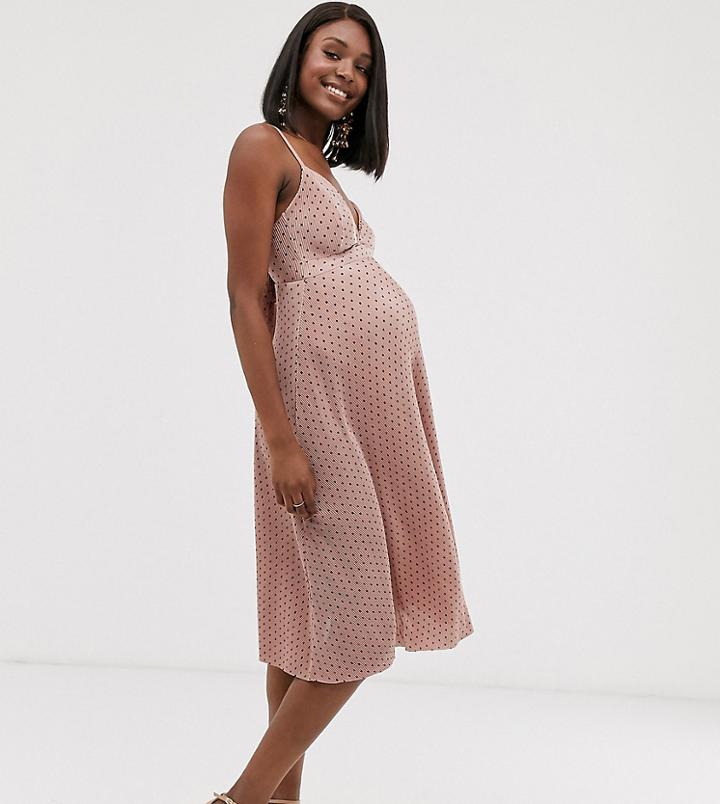 Asos Design Maternity Cami Plisse Midi Dress In Polka Dot - Multi