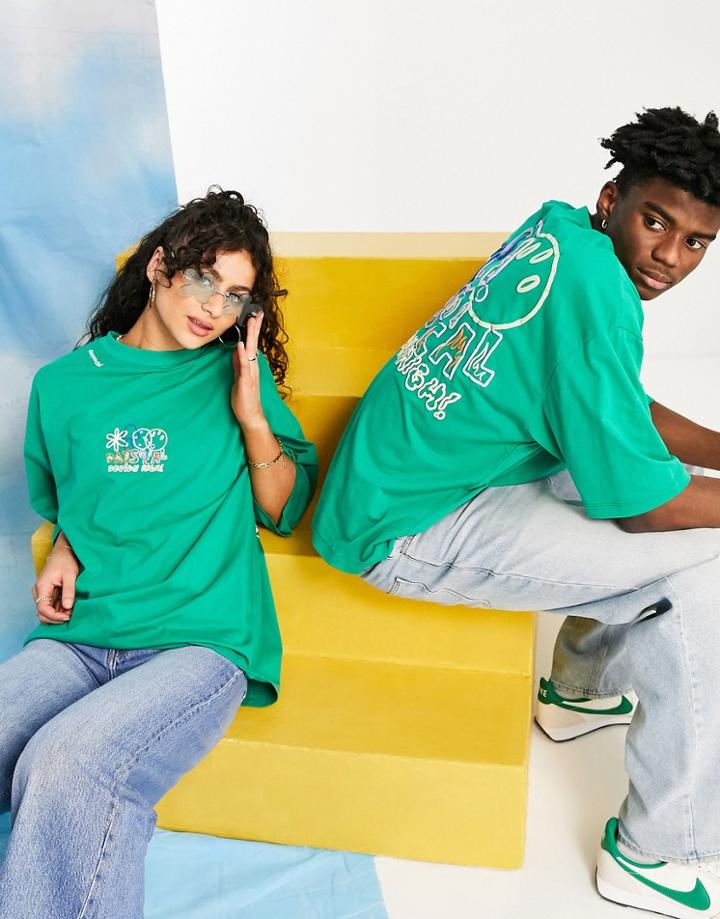 Asos Daysocial Unisex Oversized T-shirt With Graphic Print And Logo In Green