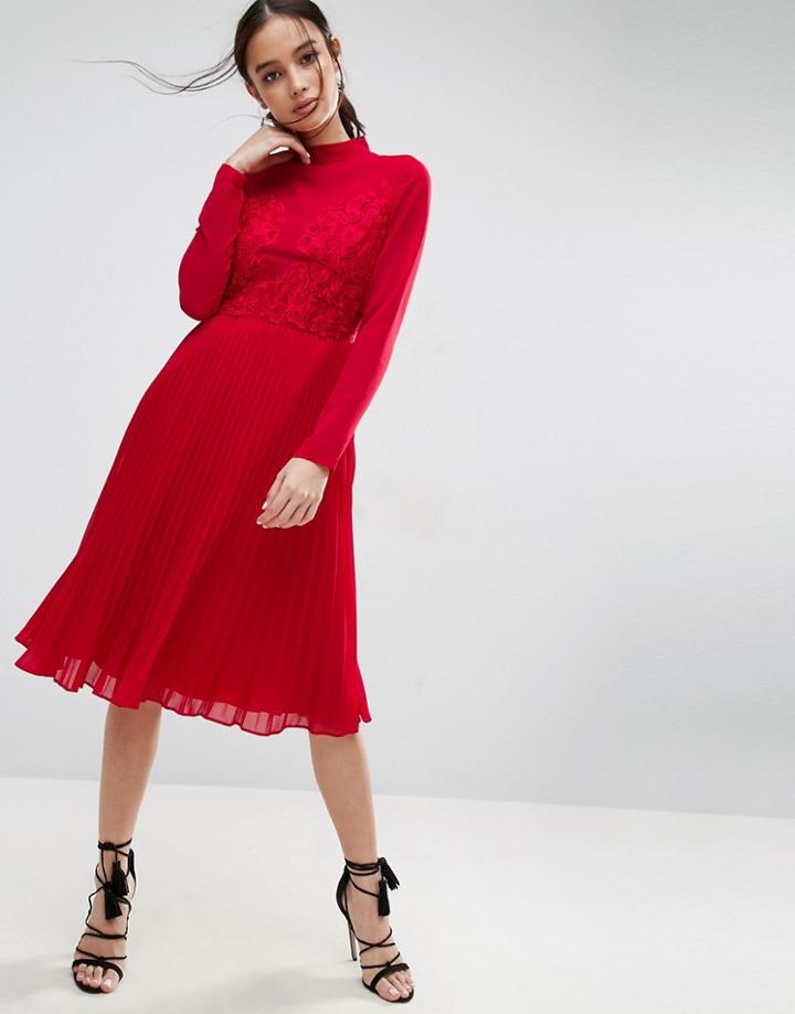 Asos High Neck And Lace Insert Pleated Midi Dress - Red