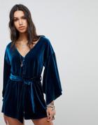 Ebonie N Ivory Luxe Tie Waist Romper With Kimono Sleeves In Velvet - Blue