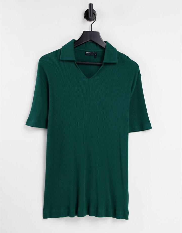 Asos Design Relaxed Rib Polo With Revere Collar With Piping Detail In Green