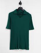 Asos Design Relaxed Rib Polo With Revere Collar With Piping Detail In Green