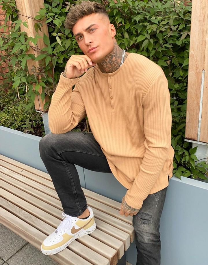 Asos Design Relaxed Fit Long Sleeve T-shirt In Rib With Grandad Neck In Tan-neutral