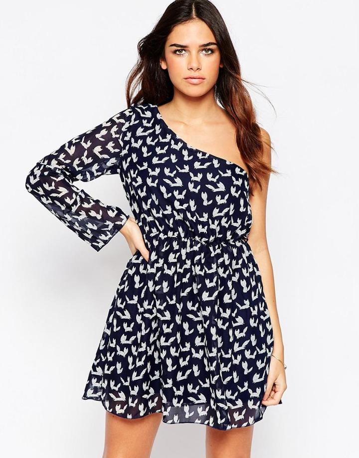Pussycat London One Shoulder Dress In Fox Print - Blue