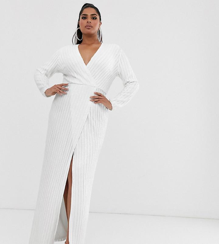 Club L London Plus Sequin Wrap Dress-white