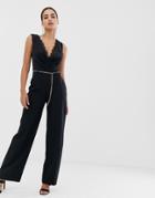 Lipsy Jumpsuit With Lace Insert And Chain Belt In Black