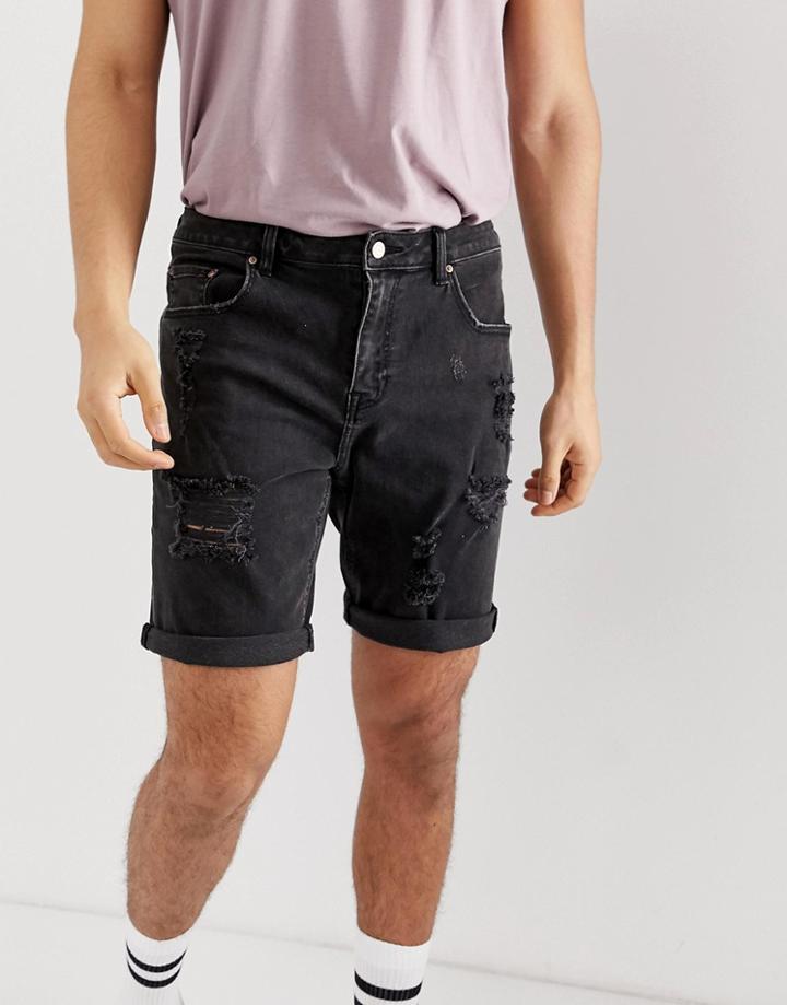 Asos Design Denim Shorts In Slim Washed Black With Heavy Rips