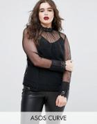 Asos Curve Sheer Lace Insert Top With Pie Neck - Black