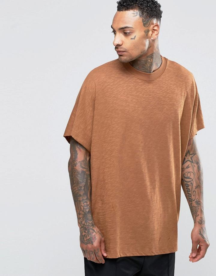 Asos Extreme Oversized T-shirt In Textured Slub With Wide Neck Trim - Auburn