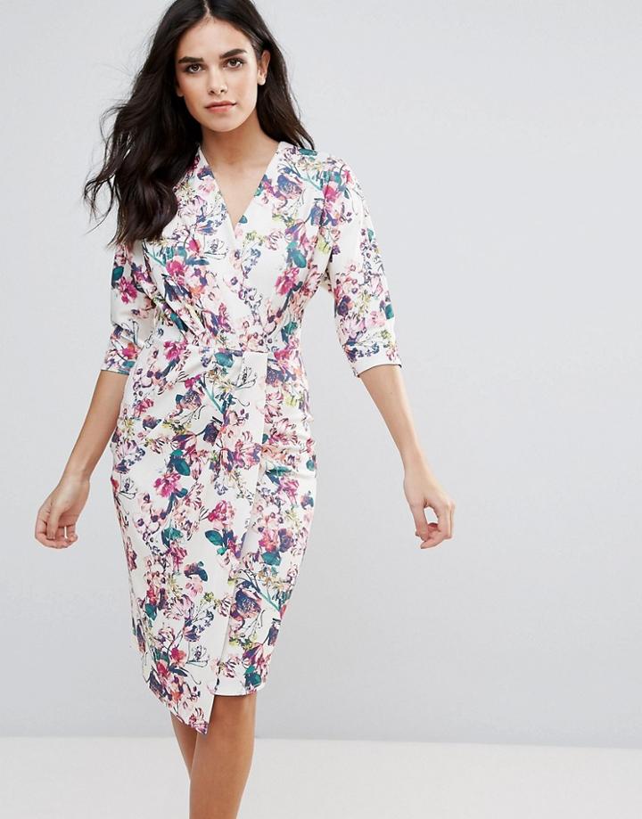 Closet London 3/4 Sleeve Floral Print Pencil Dress - Multi