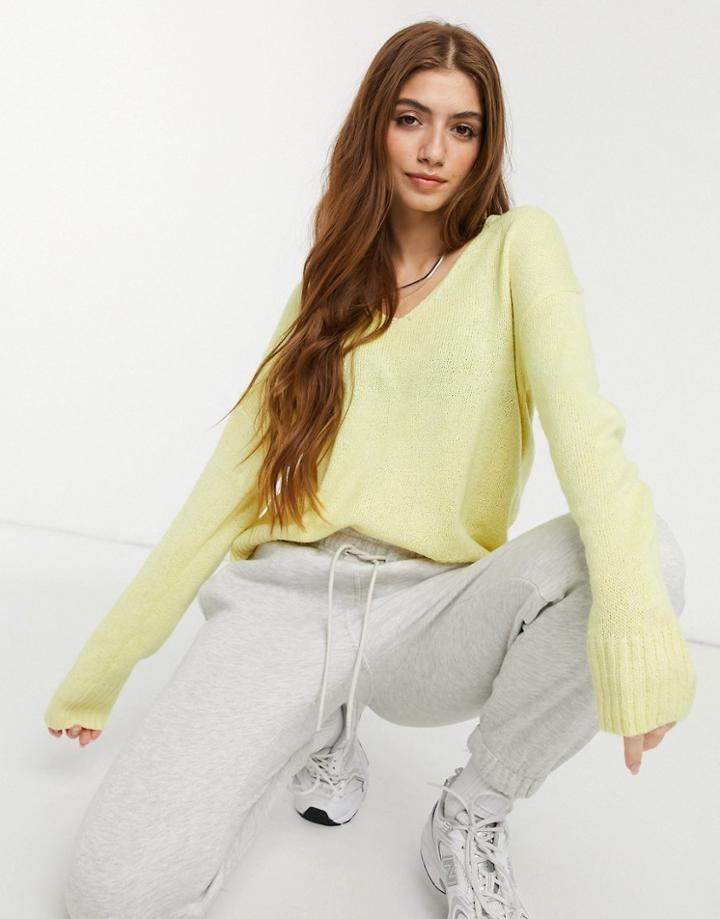 Jdy Soft Ribbed V Neck Sweater In Pale Yellow