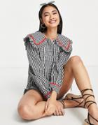 Vila Shirt With Oversized Collar And Red Tipping In Mono Check-multi
