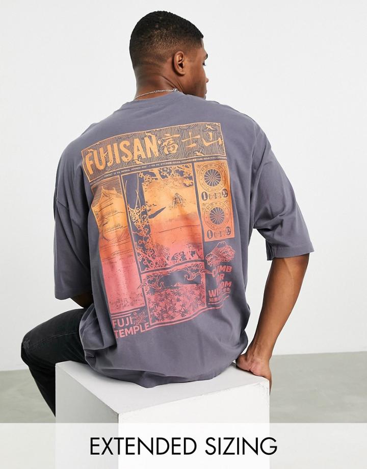 Asos Design Oversized T-shirt In Washed Gray With Ombre Back Print-black